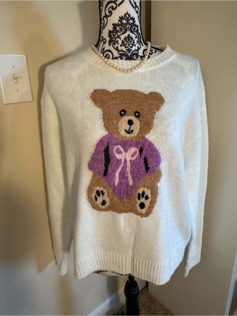 Simply Southern White Women's Teddy Sweater with Purple Accent NWT